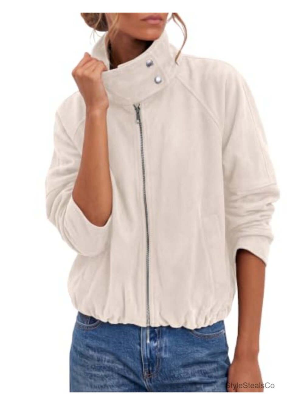 Faux Suede Cropped Funnel Neck Zip Up Jacket Women Oversized